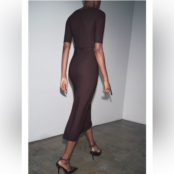Zara NWT Sleek Chocolate Brown Midi Dress - Picture 3 of 10